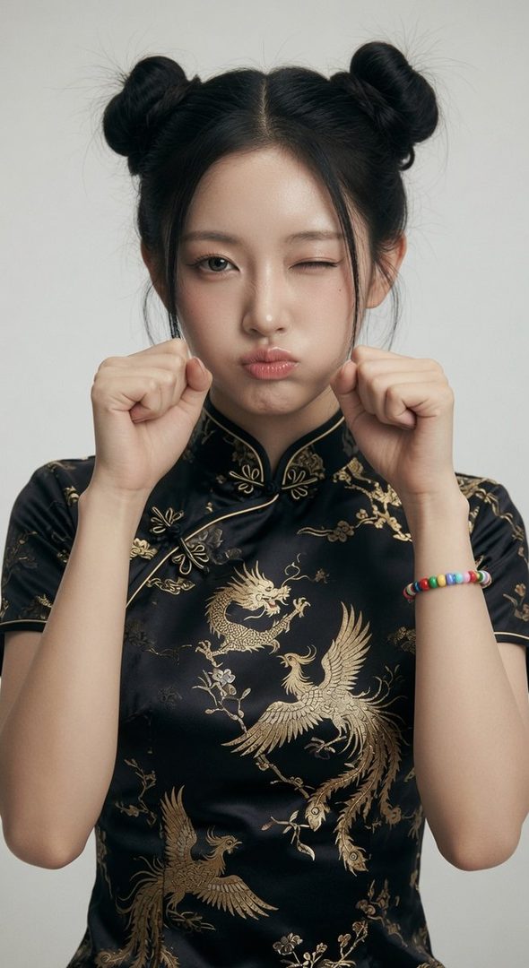 A young East Asian woman with black hair styled in twin buns winks and makes a puku face, wearing a black cheongsam with gold dragon and phoenix embroidery.