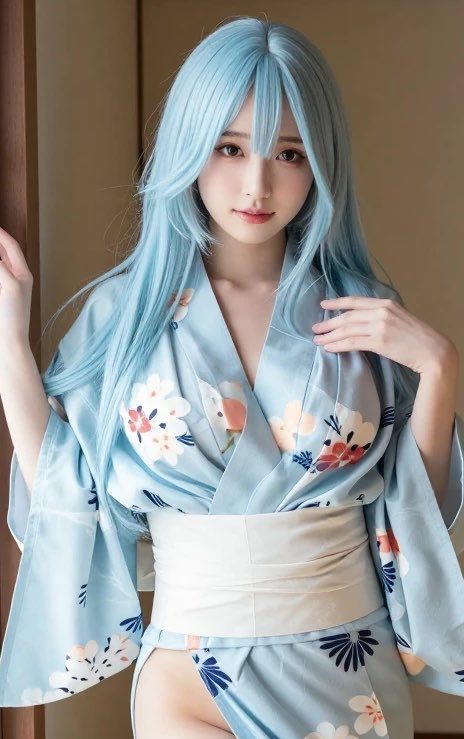 A young woman with long, light blue hair wearing a floral kimono and a white obi, posing indoors.