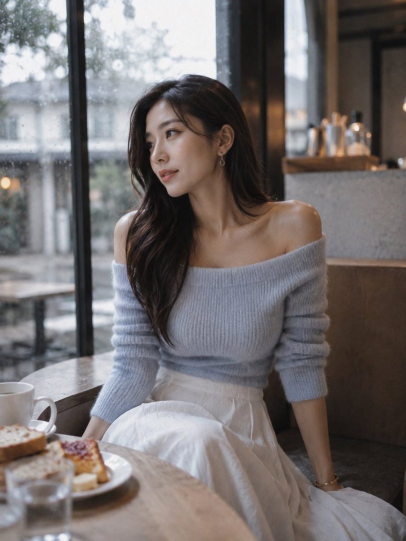 A woman with long dark hair wearing an off-shoulder light blue sweater and white skirt sits in a cafe, looking out the window.
