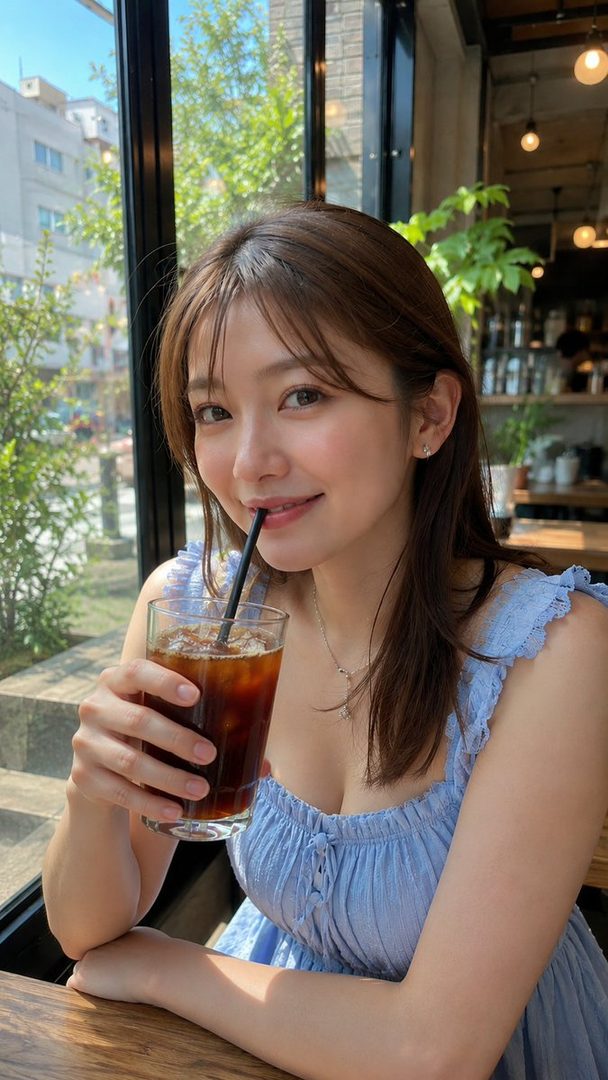 A young East Asian woman with long brown hair smiles while holding a glass of iced coffee in a cafe.