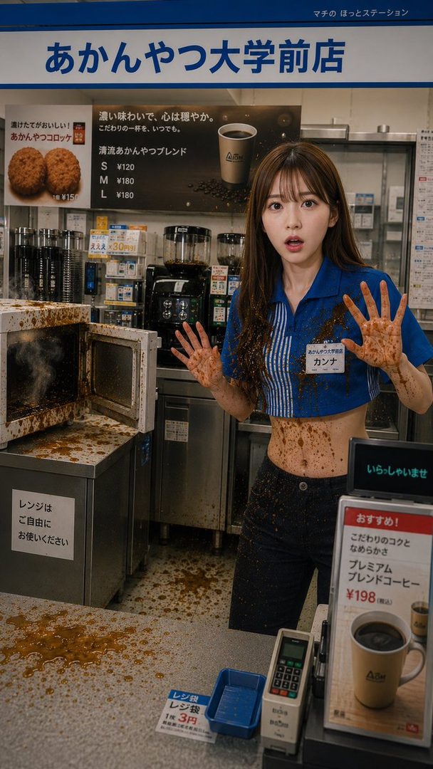 A young woman with brown hair and bangs, wearing a blue cropped uniform shirt, stands in a convenience store with a messy counter and floor, looking surprised.