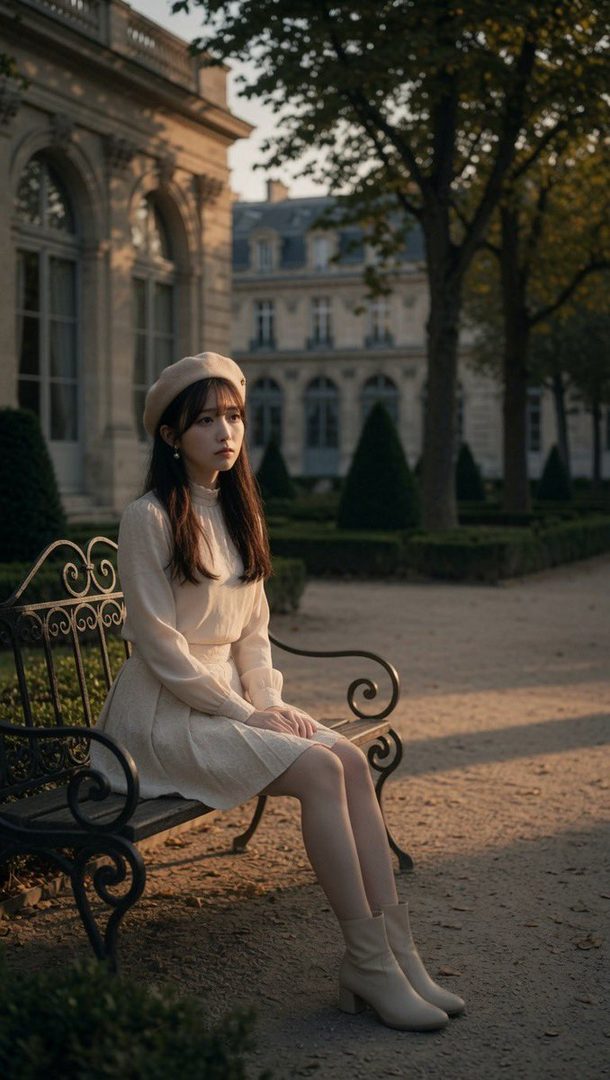 A young woman with long brown hair, wearing a beige beret and a cream-colored dress, sits on a park bench in front of a classical building.