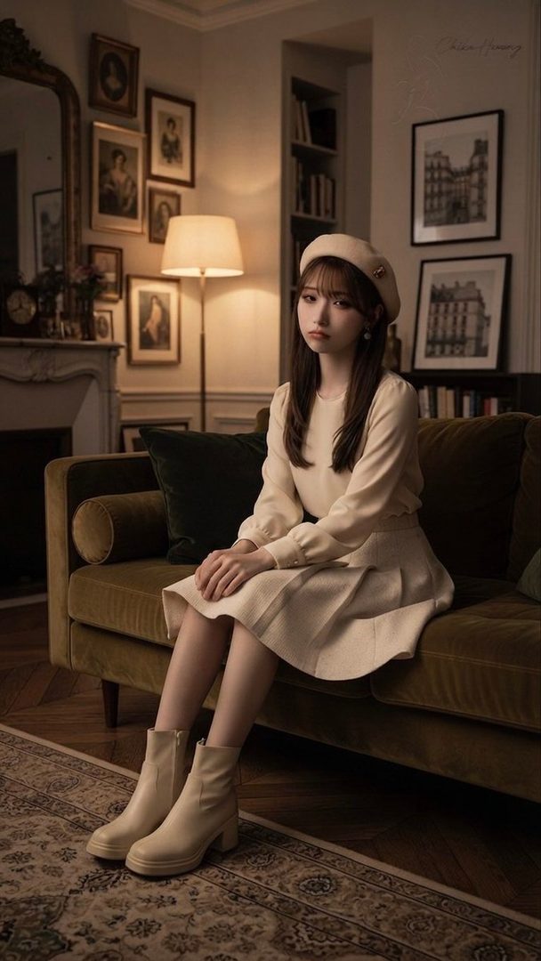 A young woman with long brown hair and bangs, wearing a beige beret, a cream-colored blouse, and a pleated skirt, sits on a vintage sofa in a dimly lit room with framed art on the walls.