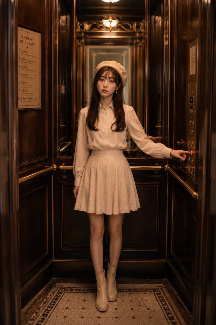 A young East Asian woman in a beige beret and a matching dress stands in a vintage elevator, pressing a button.