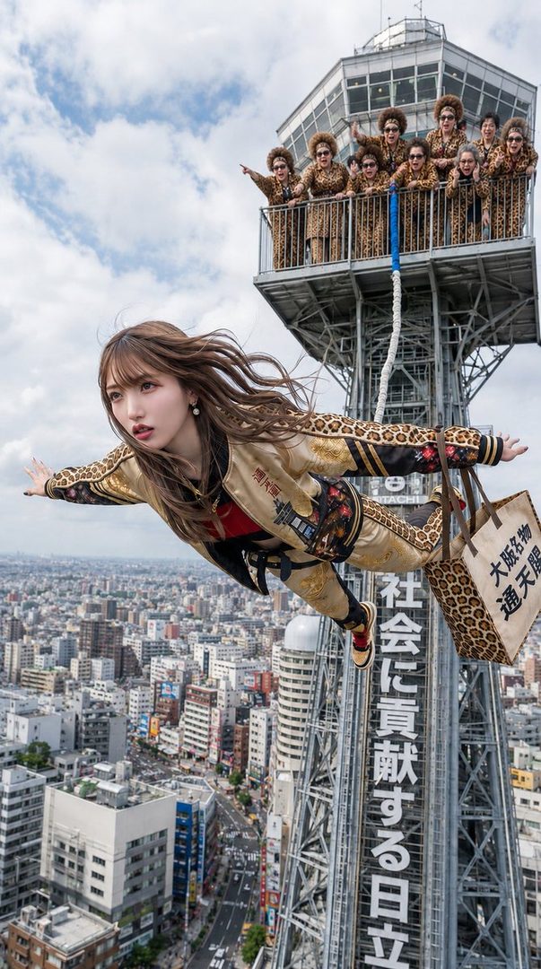 A woman in a gold and black leopard-print outfit jumps from a tall tower over a city, with a group of people in similar outfits watching from the tower.