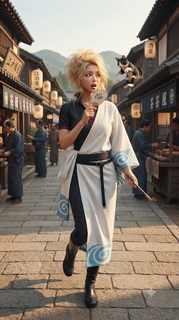 A woman in a white and black outfit with blonde hair, holding a fan, stands on a cobblestone street in a traditional Japanese town.