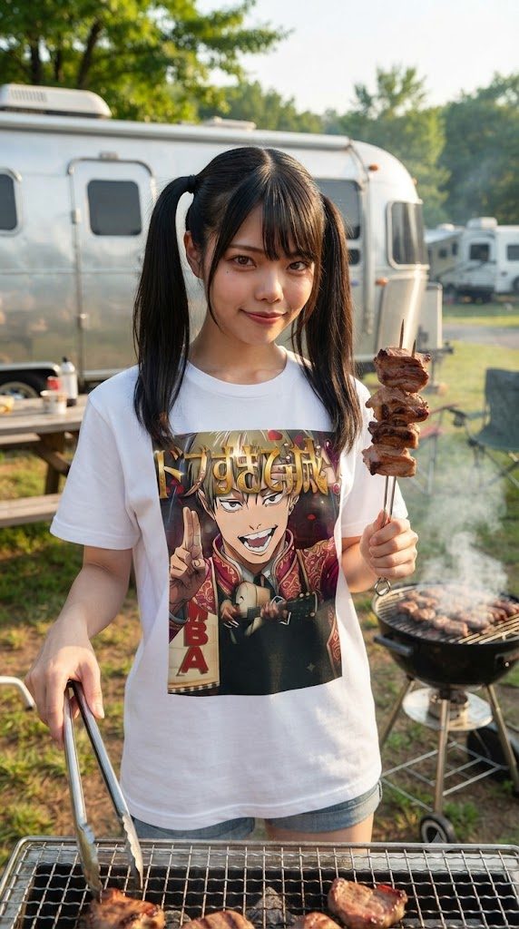 A young East Asian woman with black hair in twintails, wearing a white t-shirt with an anime graphic, is grilling meat outdoors at a campsite.