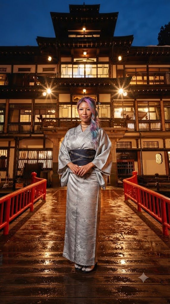 A woman in a silver kimono stands on a wet wooden bridge in front of a traditional Japanese building at night.