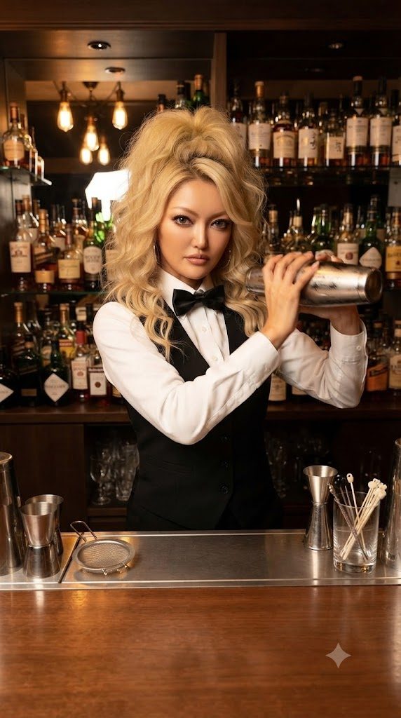 A blonde woman in a white shirt and black vest, wearing a bow tie, shakes a cocktail shaker behind a bar.