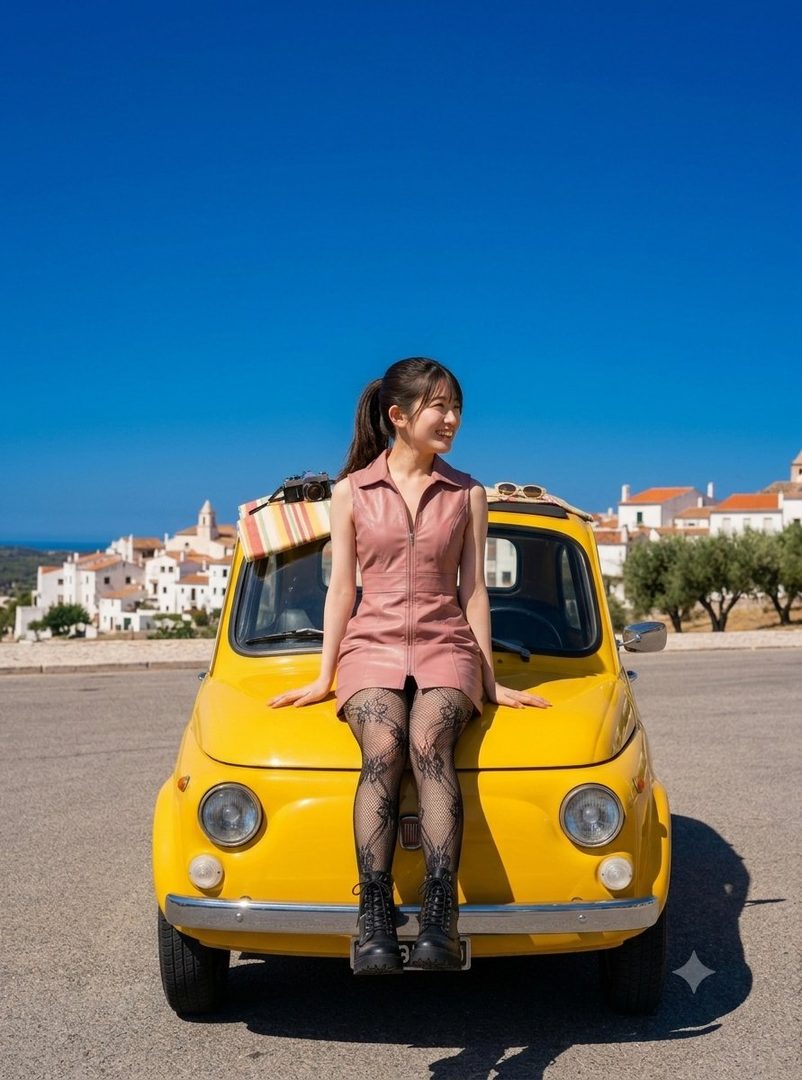 A young woman with black hair in a ponytail, wearing a pink dress and patterned stockings, sits on the hood of a yellow vintage car.