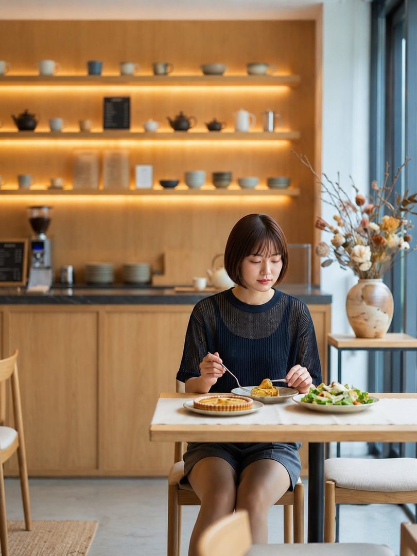A young East Asian woman with short black hair sits at a table in a cafe, eating a meal.