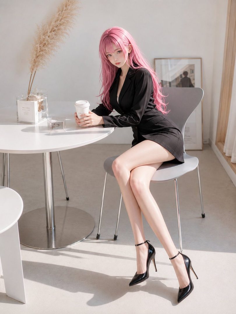 A young woman with long pink hair wearing a black blazer dress and high heels, sitting at a table with a coffee cup.