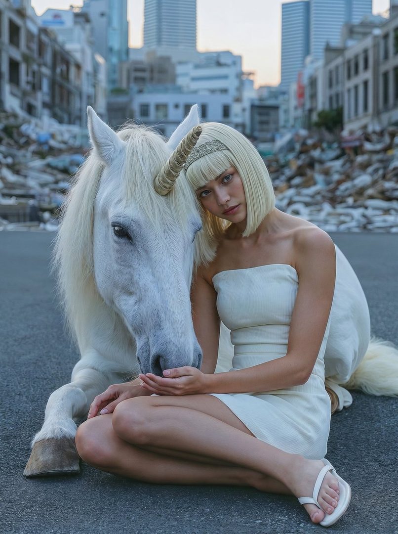 A woman with short blonde hair and a white dress sits next to a white unicorn in a city street with buildings and debris in the background.