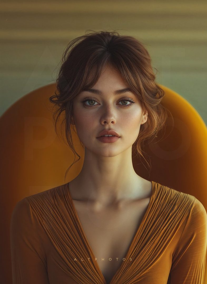 A photorealistic portrait of a woman with brown hair and bangs, wearing a mustard-colored top, looking directly at the viewer.