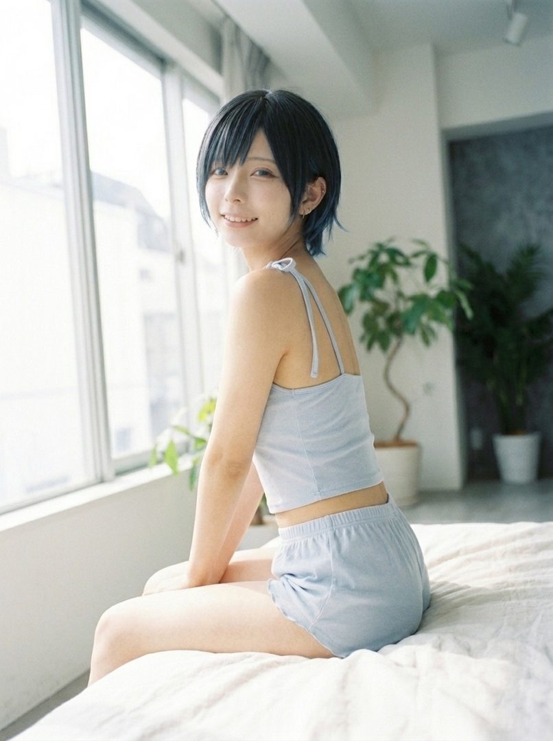 A young Japanese woman with short black hair and blue highlights, wearing a light blue crop top and shorts, smiles at the camera while sitting on a bed near a window.