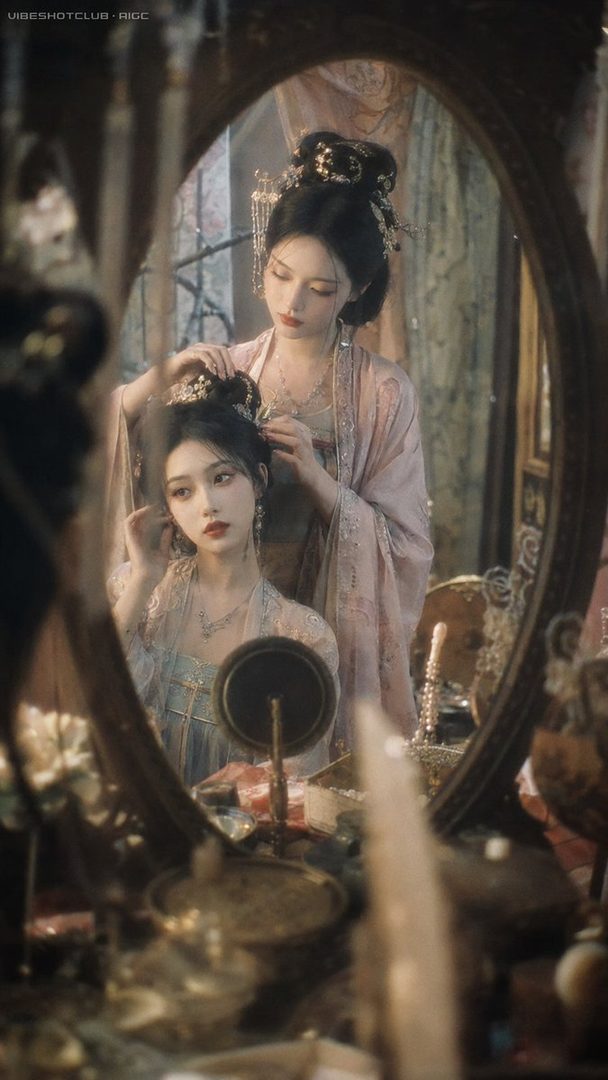 Two young women in traditional East Asian attire are reflected in an ornate mirror, with one woman styling the other's hair.