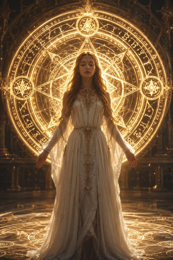 A woman in a white and gold ornate dress stands with her eyes closed in front of a large, glowing golden magical circle with intricate symbols.