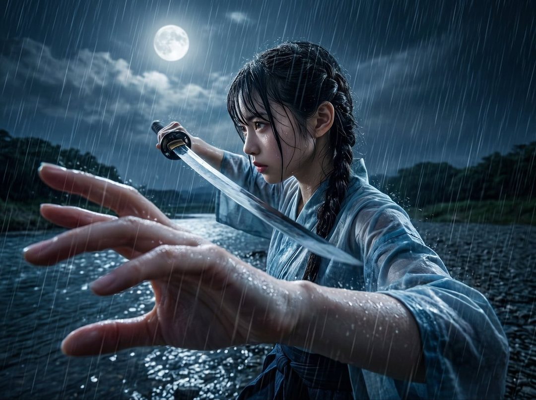 A young woman with braided black hair holds a katana in the rain under a full moon.
