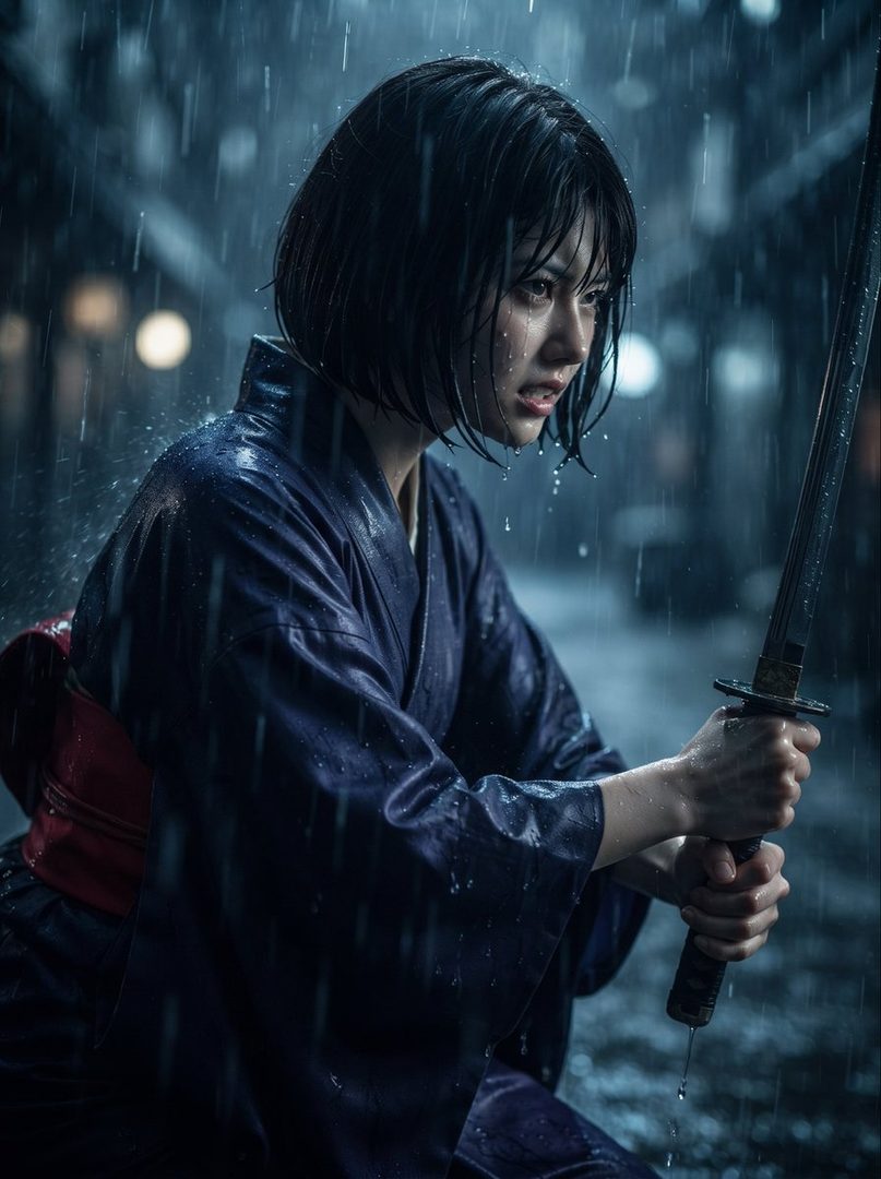 A young woman in a dark blue kimono kneels in the rain, holding a katana sword with a determined expression.