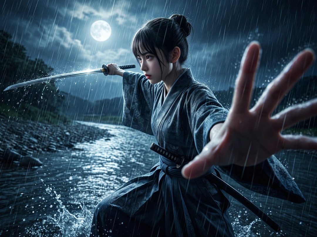 A young woman in a dark kimono wields a katana in the rain under a full moon, with water splashing around her.