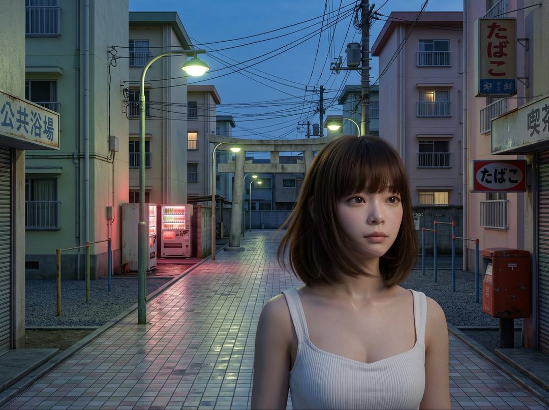 A young woman with short brown hair and bangs, wearing a white tank top, stands in a Japanese-style street at dusk.