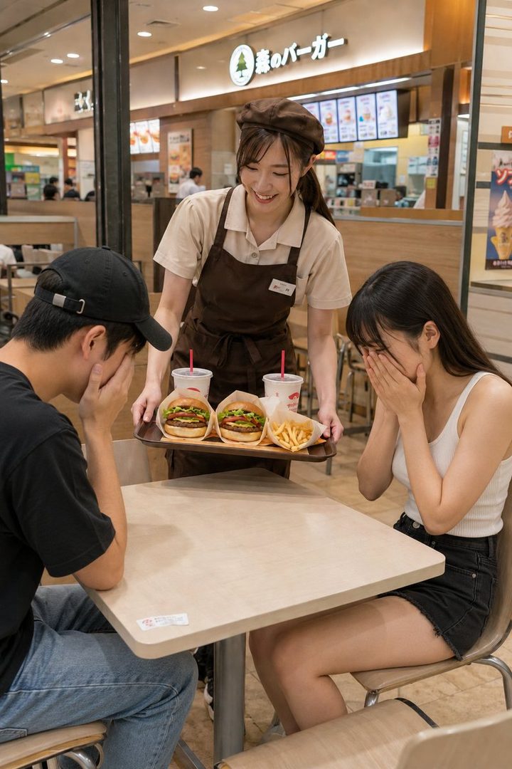 A smiling waitress in a brown apron serves two customers who are covering their faces at a burger restaurant.