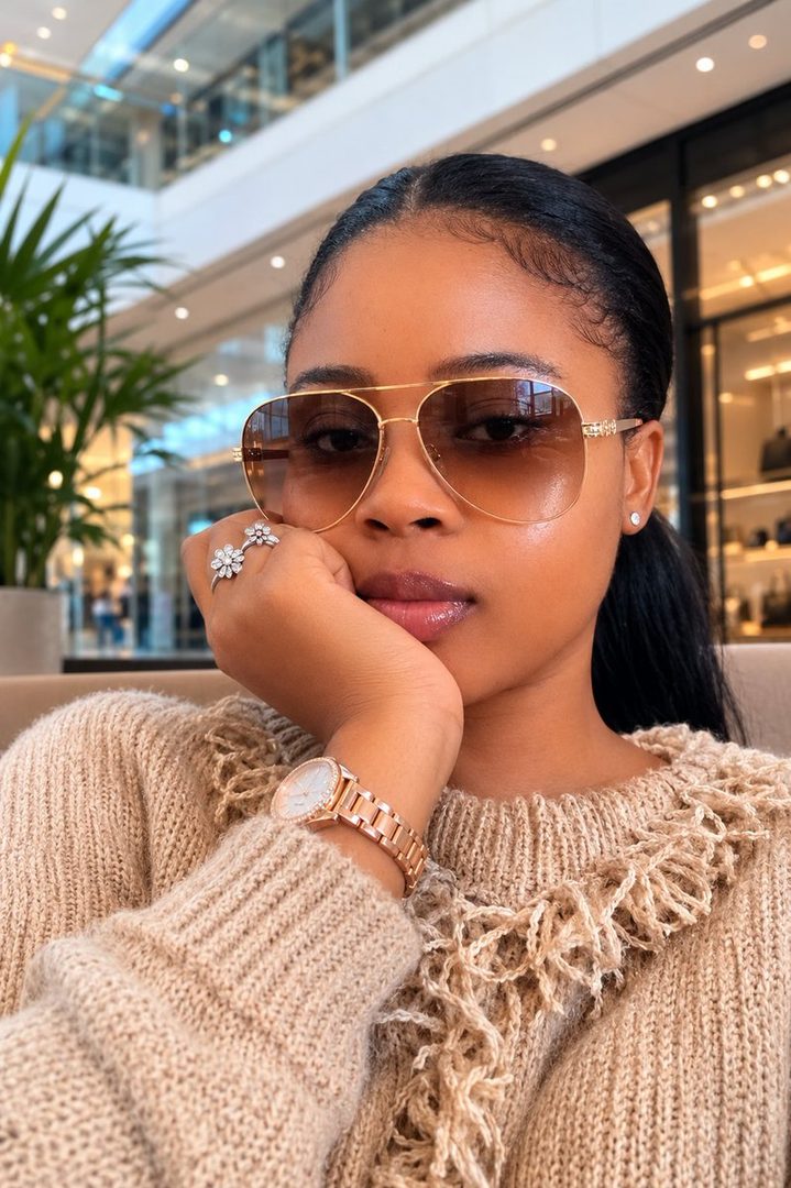 A young woman with black hair pulled back, wearing sunglasses and a beige sweater, rests her chin on her hand.
