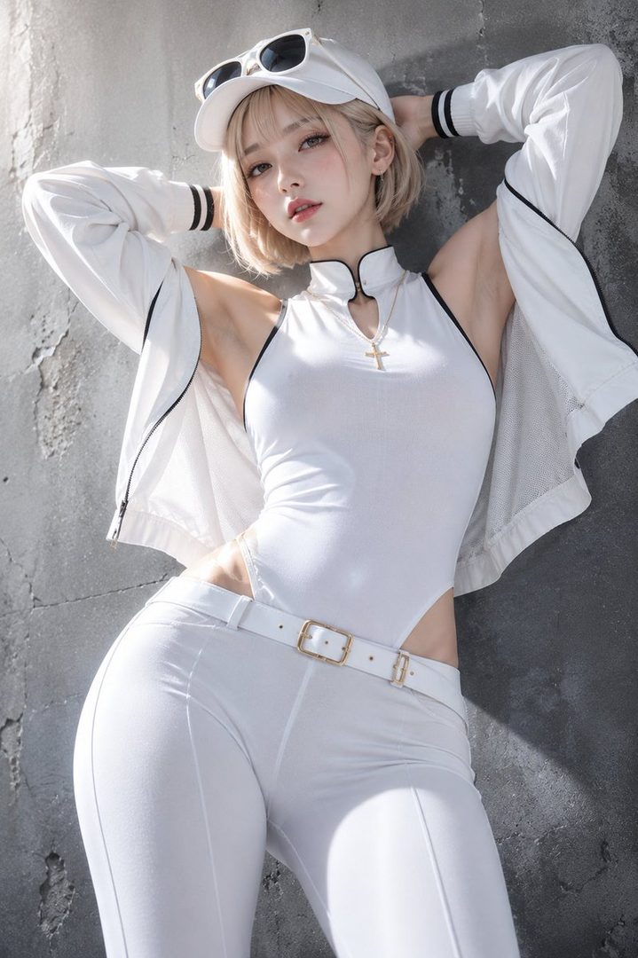 A young woman with short blonde hair, wearing a white bodysuit, white pants, and a white cap, poses against a concrete wall.