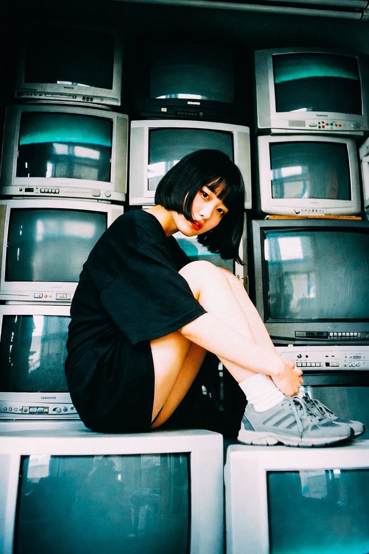 A young woman with a black bob haircut and red lipstick sits in front of a stack of old televisions.