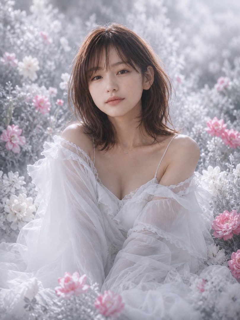 A beautiful young woman with brown hair sits in a field of flowers, wearing a delicate white dress.