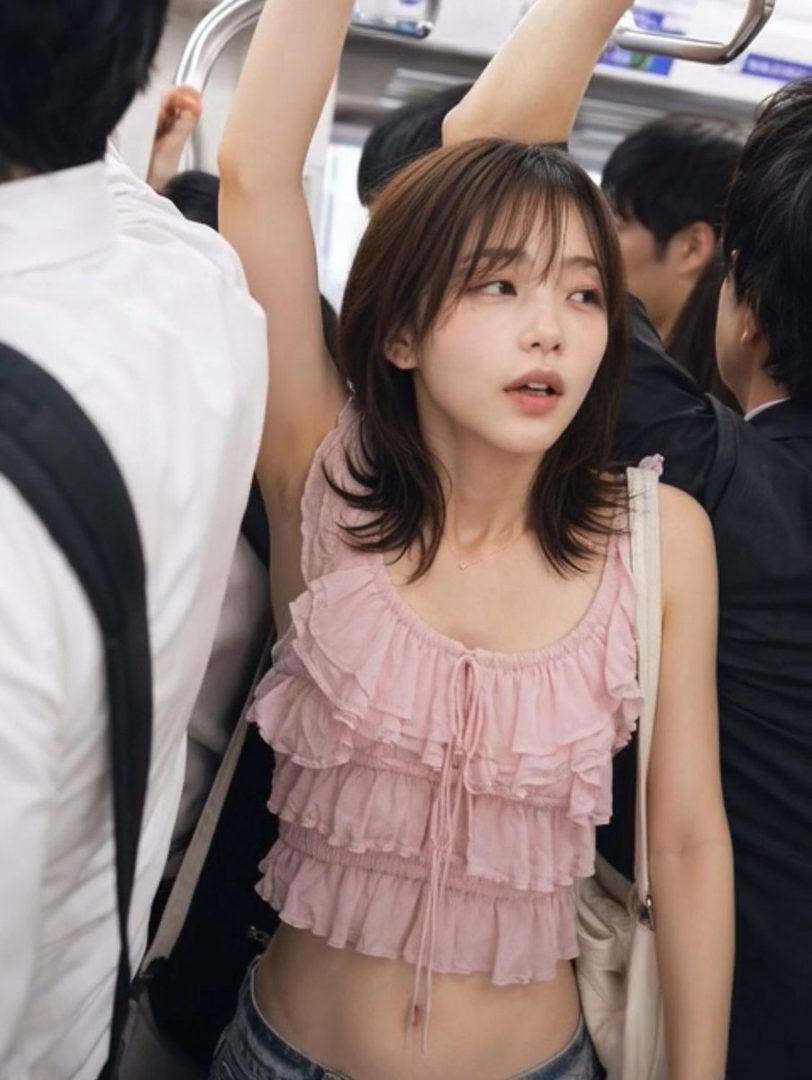 A young Japanese woman with brown hair, wearing a pink ruffled crop top and jeans, looks to the side while holding onto a pole on a crowded train.