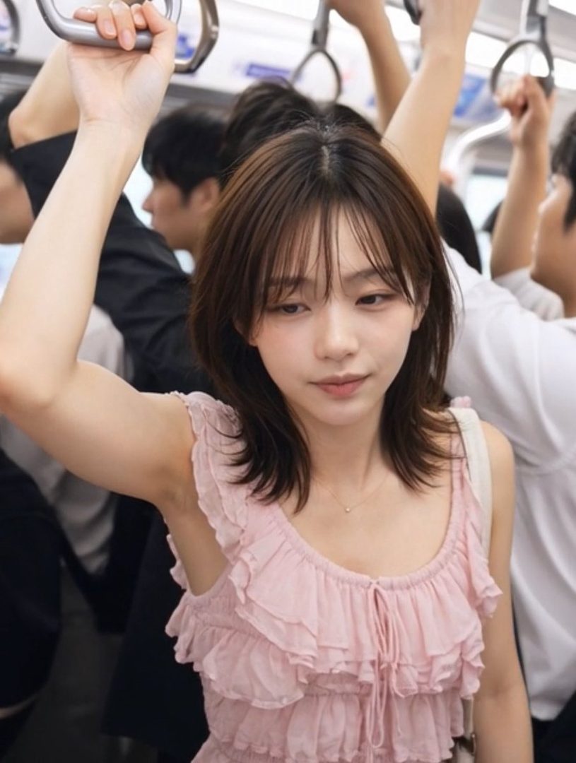 A young woman with brown hair, wearing a pink ruffled blouse, holds onto a train pole while commuting.