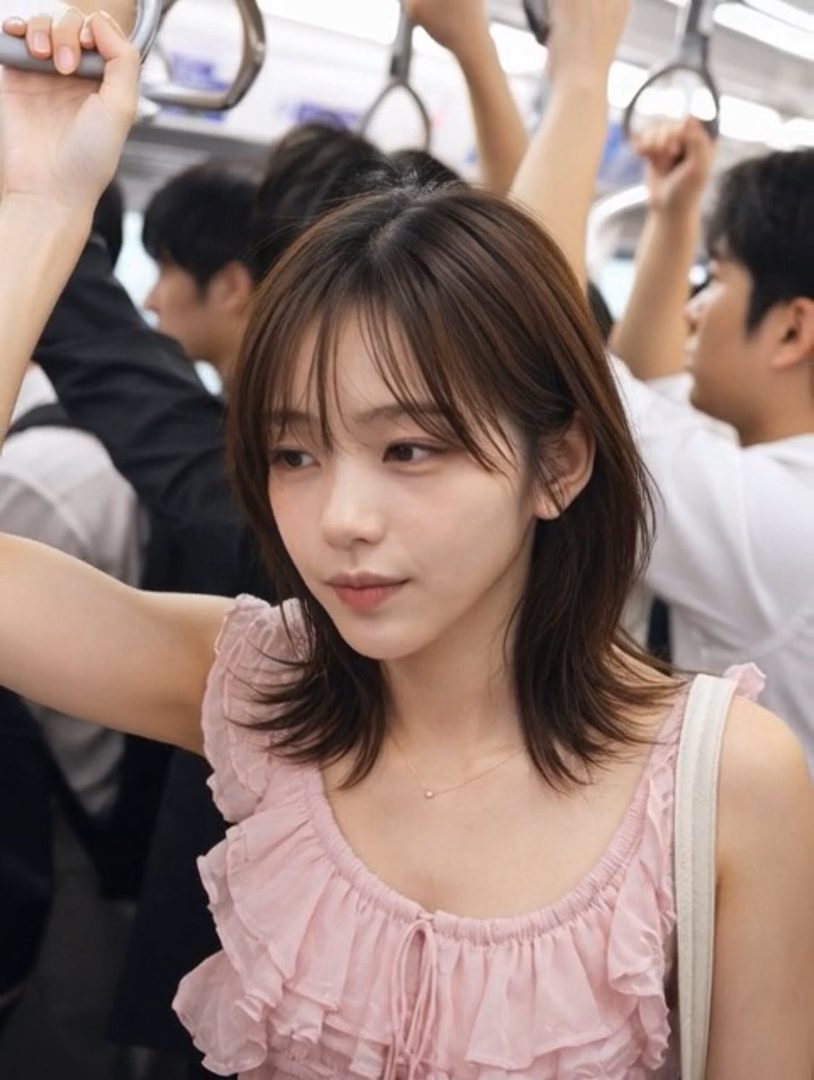 A young Japanese woman with shoulder-length brown hair and bangs, wearing a pink ruffled blouse, holds onto a train handle while commuting.