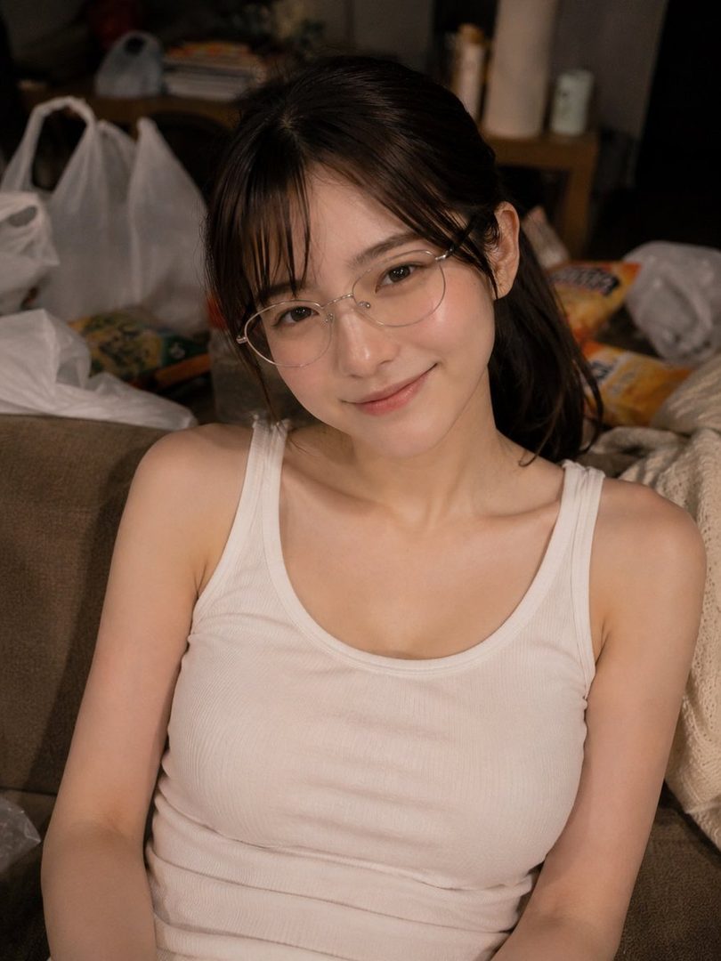 A young East Asian woman with dark hair and bangs, wearing glasses and a white tank top, smiles gently while sitting indoors.