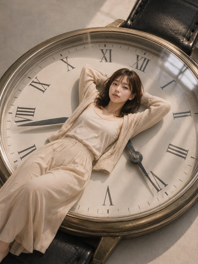 A young woman with short brown hair lies on a giant clock face, wearing a beige tank top and cardigan.