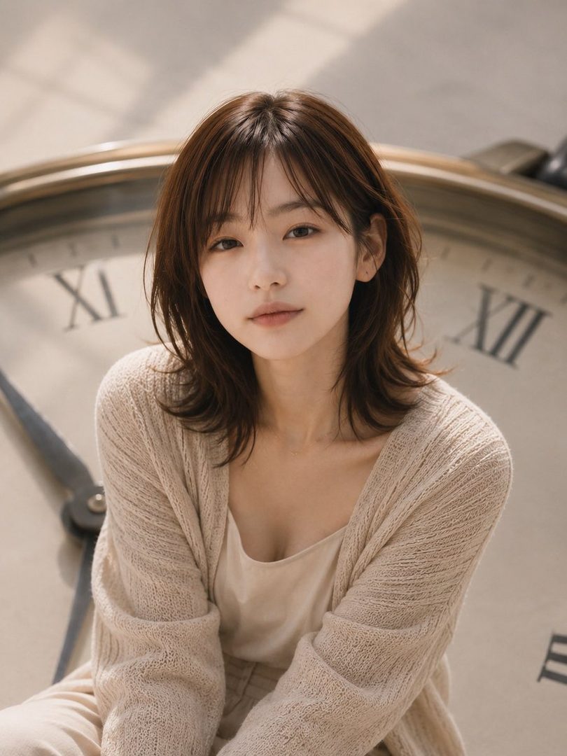 A young East Asian woman with shoulder-length brown hair and bangs, wearing a beige cardigan over a light-colored top, poses in front of a large clock face.