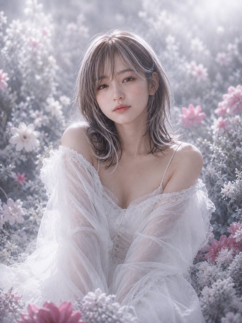 A beautiful AI-generated woman with long, layered brown hair and bangs, wearing a delicate white lace dress, sits in a garden filled with pink and white flowers.