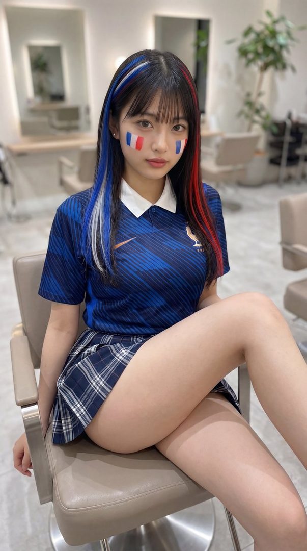 A young woman with blue and red streaks in her hair and French flag face paint sits in a chair, wearing a blue soccer jersey and a plaid skirt.
