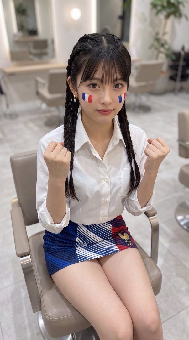 A young East Asian woman with braided hair and French flag face paint cheers for France.