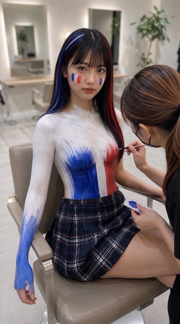A young woman with French flag body paint and hair streaks sits in a chair while another person paints her.
