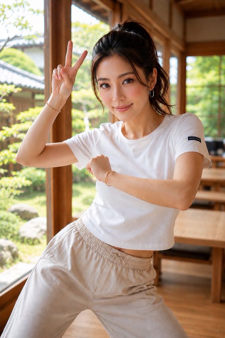 A young East Asian woman with her hair in a ponytail, wearing a white t-shirt and beige pants, poses playfully indoors with a peace sign.
