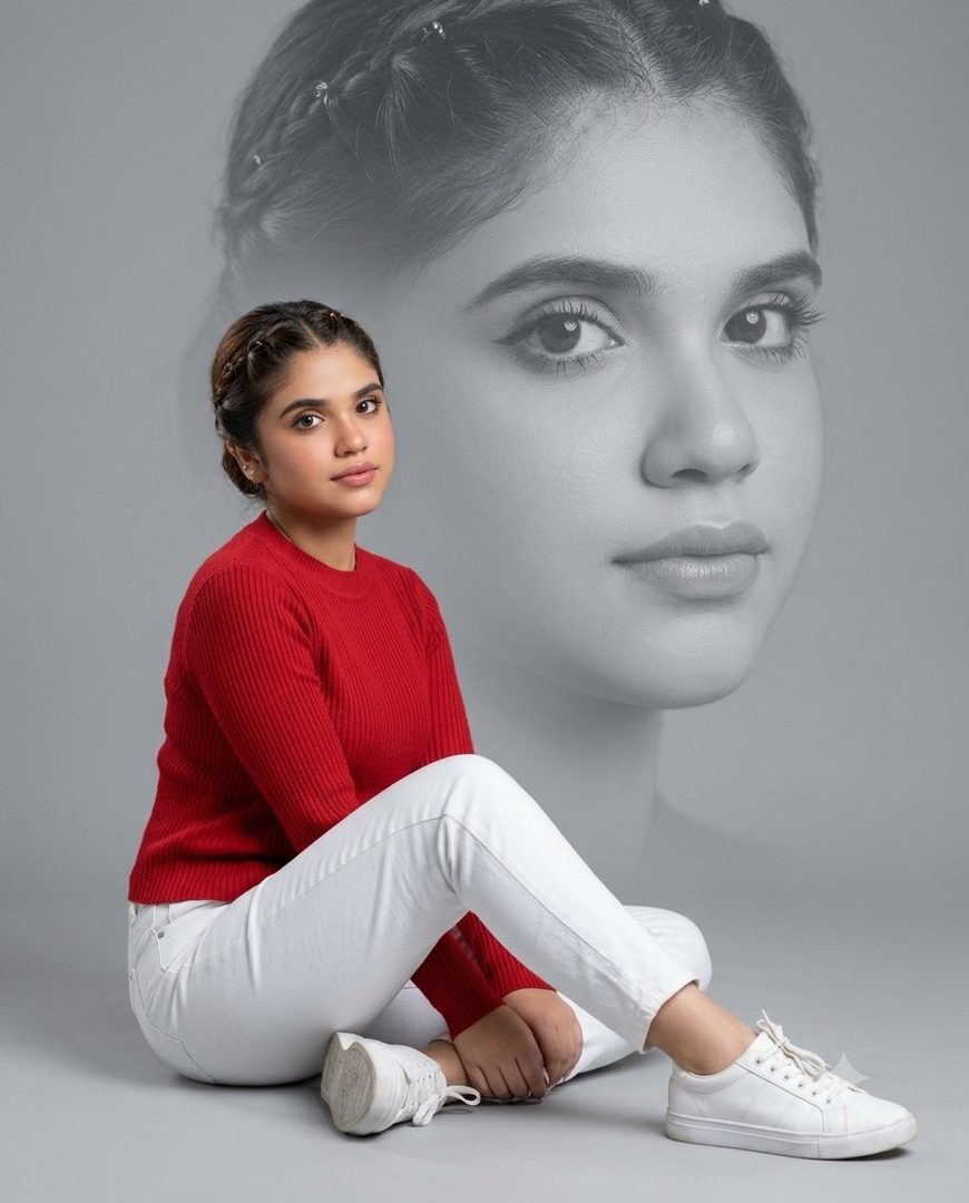 A young woman with braided hair, wearing a red sweater and white jeans, sits in a studio with a translucent double-exposure of her face behind her.