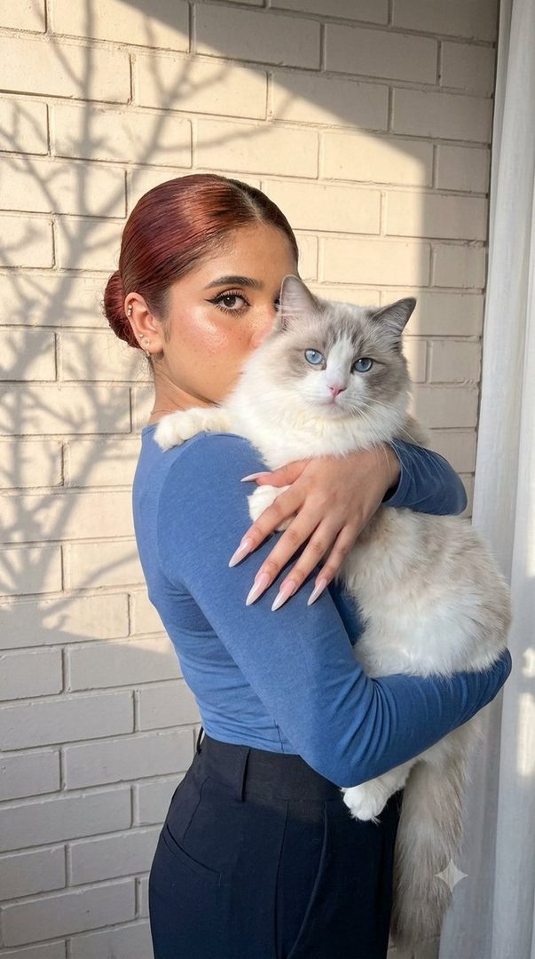 A young woman with red hair pulled back in a bun, wearing a blue long-sleeved top and black pants, holds a fluffy Ragdoll cat with blue eyes. She is standing in front of a brick wall with tree shadows, partially hiding her face behind the cat. The image has a soft, warm, and pastel color palette.