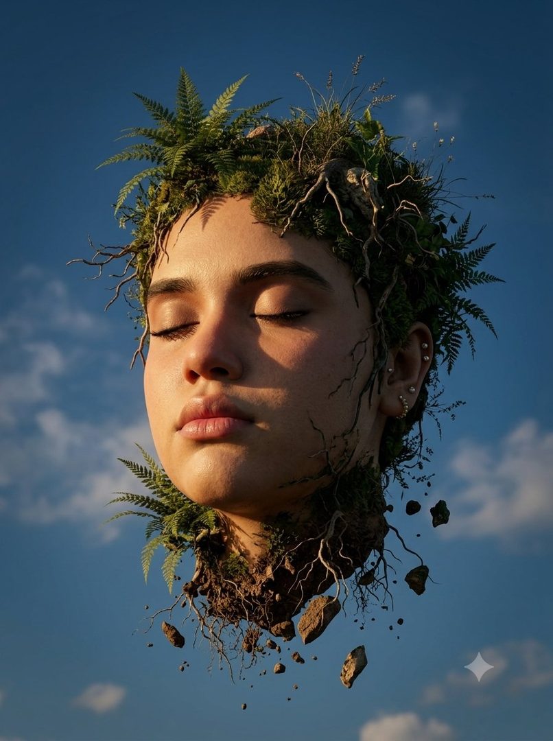 A photorealistic portrait of a woman's head, adorned with plants and roots, floating serenely in a golden-hour sky.