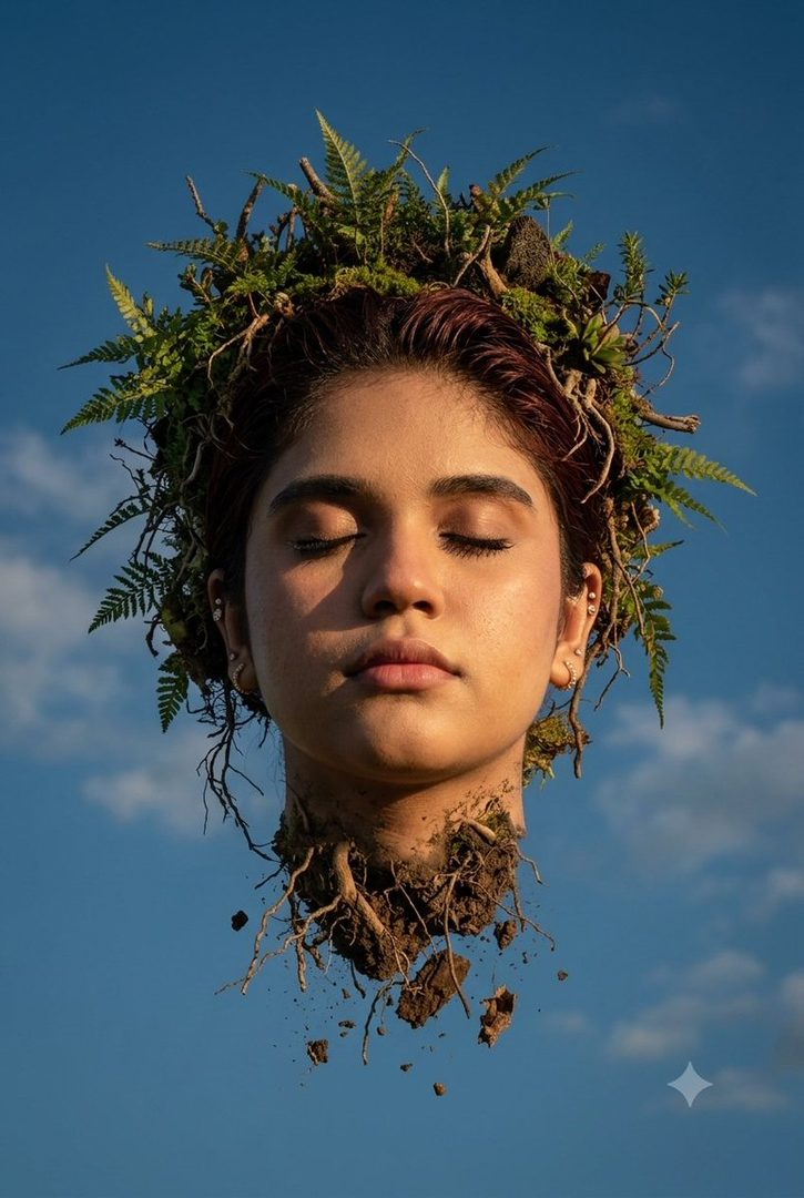 A photorealistic portrait of a woman's head floating in the sky, adorned with ferns and roots, with soil and roots breaking away from her neck.