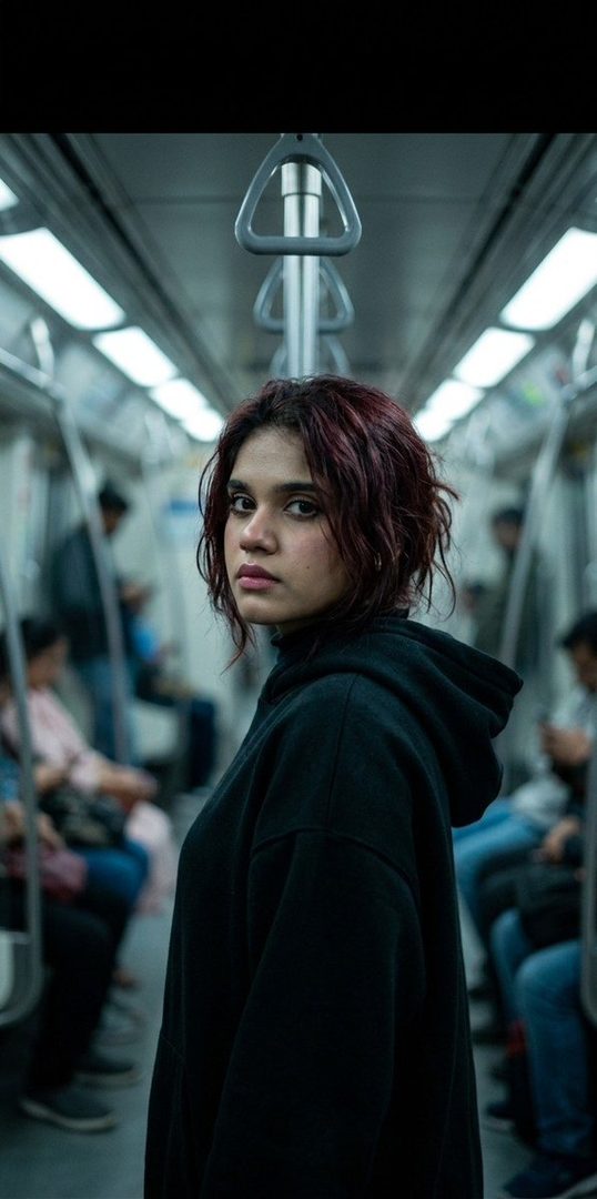 A woman with short red hair and a black hoodie looks over her shoulder in a dimly lit subway car.