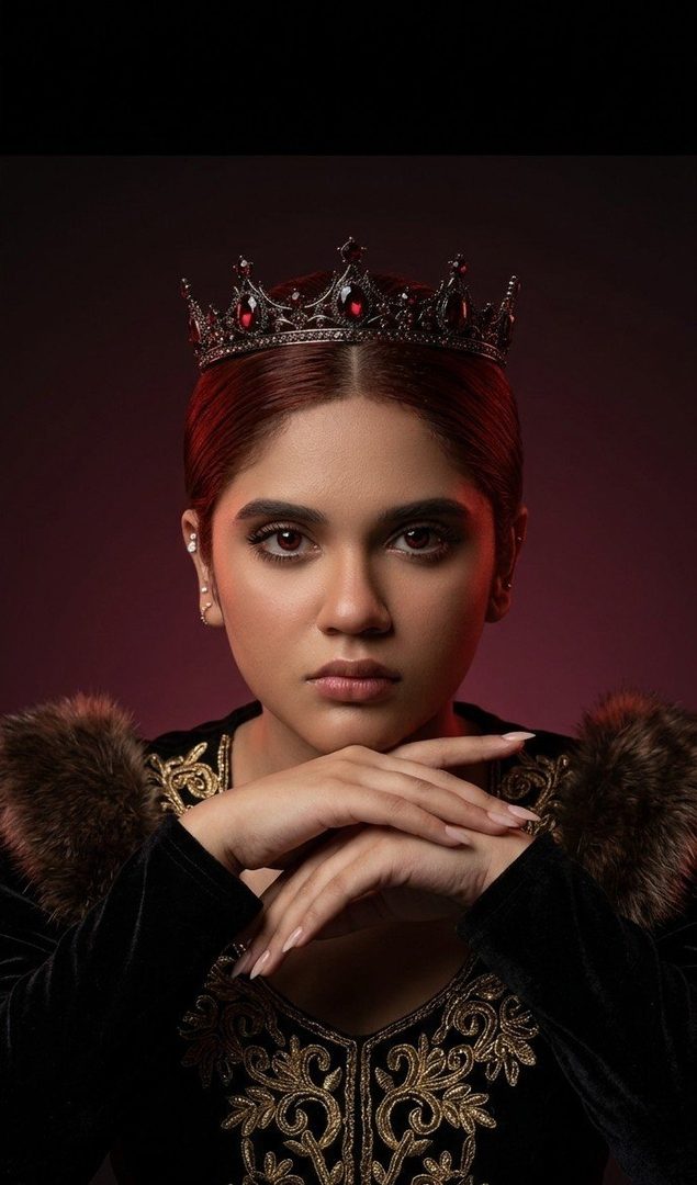 A regal portrait of a young woman wearing a jeweled crown and ornate black velvet gown with gold embroidery, looking confidently at the camera.