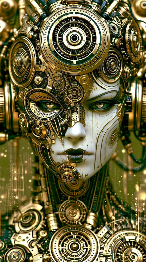 A photorealistic portrait of a steampunk-inspired AI woman with intricate golden mechanical details covering half of her face and body, set against a blurred green and gold background.