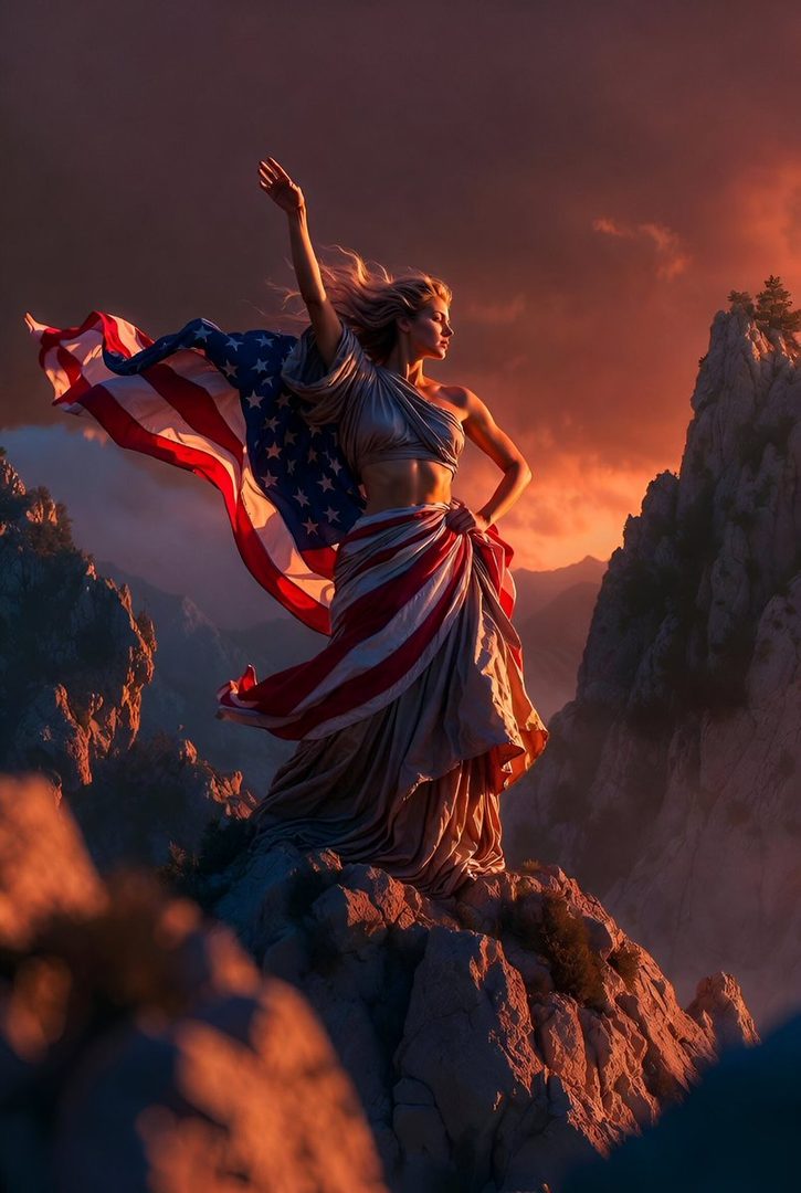 A woman draped in an American flag stands on a rocky mountain peak at sunset, with a dramatic sky.