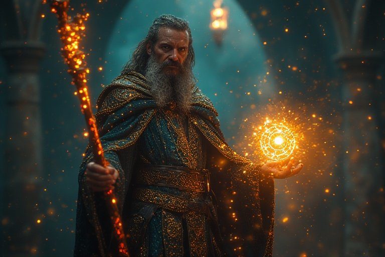 A photorealistic portrait of an elderly wizard with a long grey beard, holding a glowing staff and a magical orb, surrounded by golden particles.